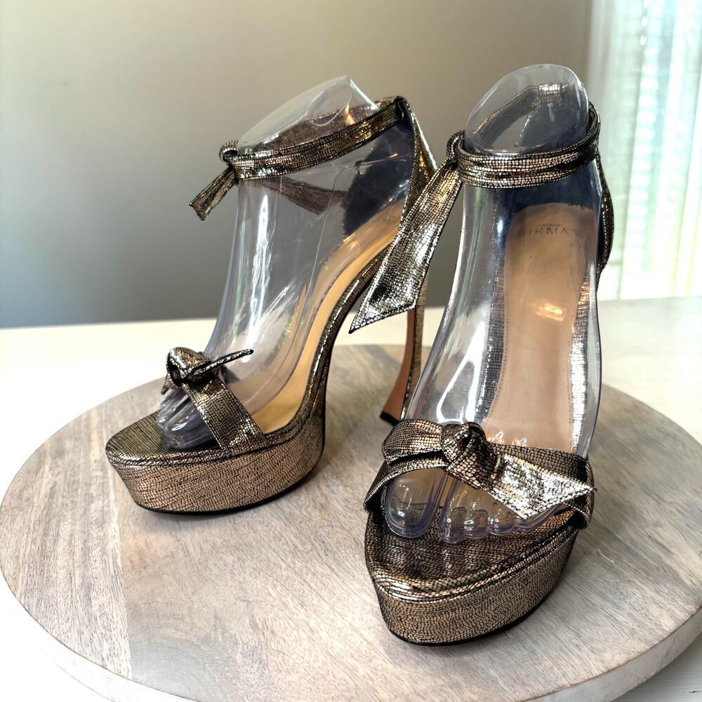 Alexandre Birman Clarita Gold Metallic 100 Architectural Heels Sandals Size 9.5